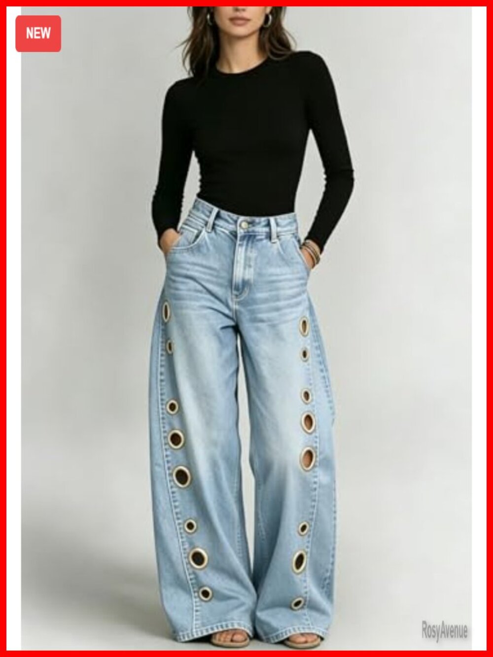 High Waisted Wide Leg Grommet Eyelet Cut Out Jeans Y2K Streetwear - Picture 3 of 6